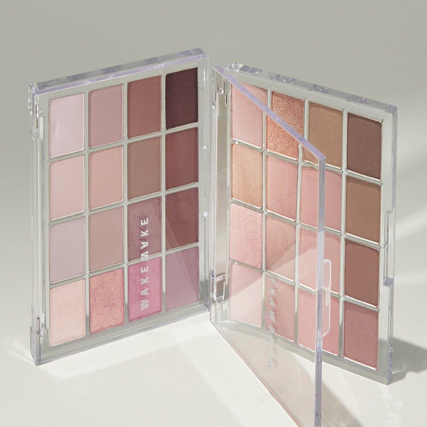 WAKEMAKE Soft Blurring Eye Palette Renewal 14g #02 Lively Blurring — open 16-pan palette showing warm coral tones