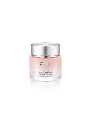 OHUI Ceramide Boosting Moisturizing Cream 60ml — pink jar with gold lid on white surface