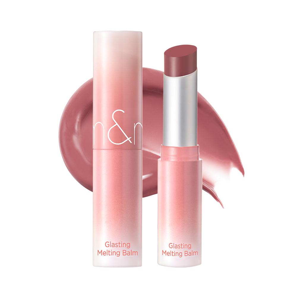 ROMAND Glasting Melting Balm — swatch of dewy gloss color applied on lips