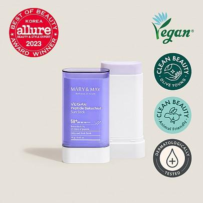 Mary&May Vegan Peptide Bakuchiol Sun Stick SPF50+ PA++++ 18g — twist-up stick applicator with green packaging
