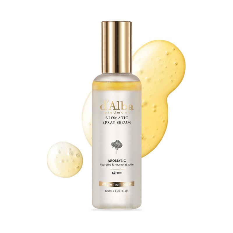 d'Alba White Truffle Aromatic Spray Serum 120ml — glass spray bottle with gold nozzle cap