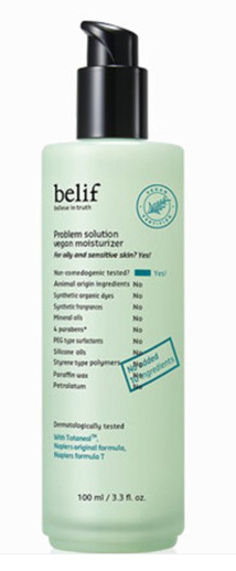 Belif Problem Solution Vegan Moisturizer 100ml — white jar with green botanical label, top angle