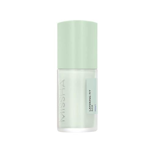 Missha Layering Fit Base 35ml Mint shade — tube with mint-colored correcting base swatched on hand