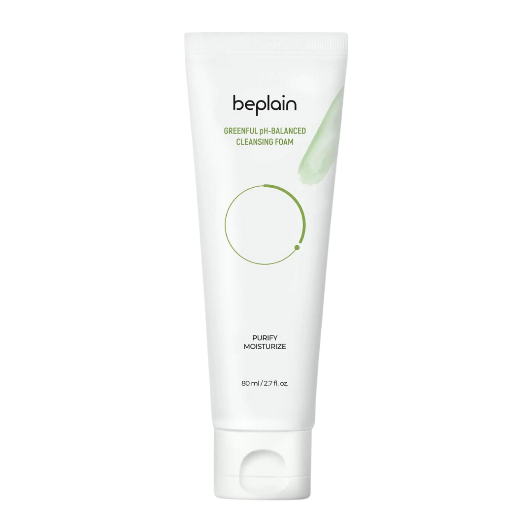 beplain Mung Bean pH-Balanced Cleansing Foam 80ml — green pump tube with botanical mung bean label