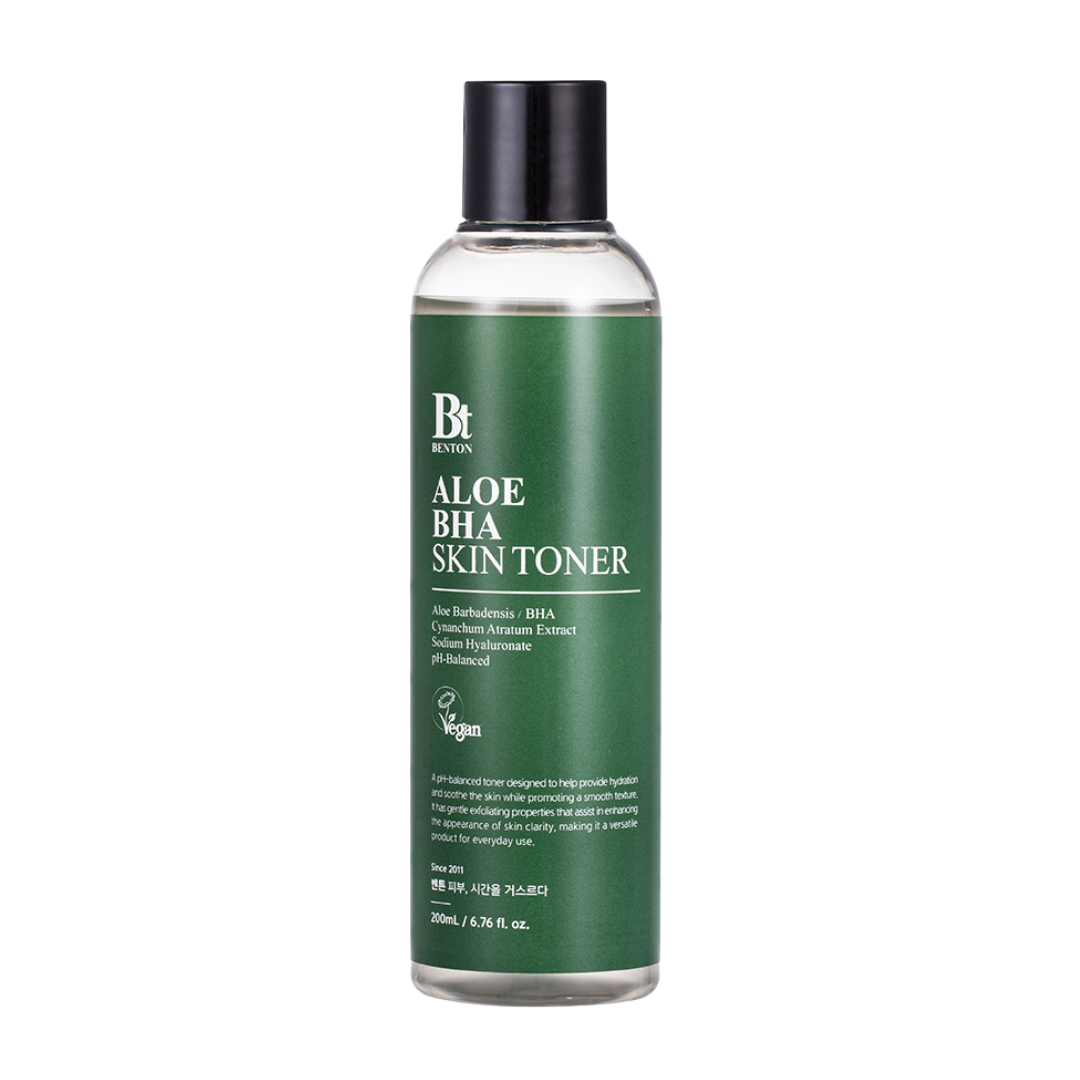 Benton Aloe BHA Skin Toner 200ml Renewal — clear bottle with pink and white label, front view