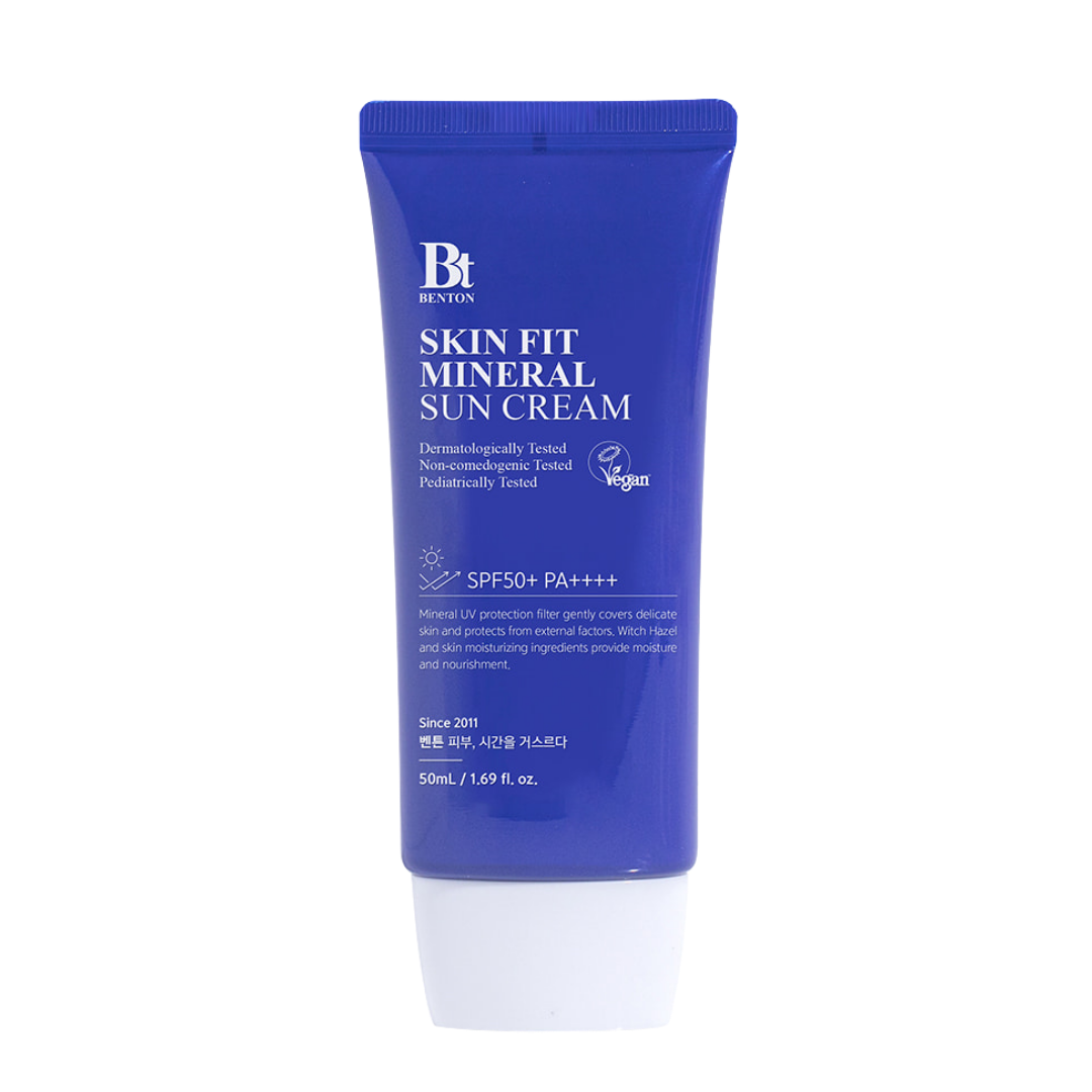 benton Skin Fit Mineral Sun Cream SPF50+ PA++++ 50ml — white tube with green mineral label on clean background
