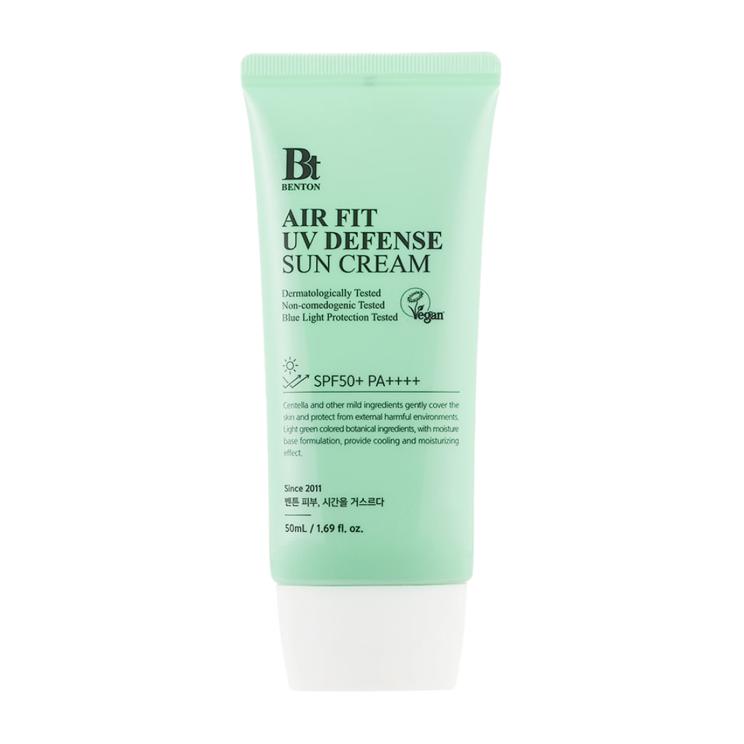 Benton Air Fit UV Defense Sun Cream SPF50+ PA++++ 50ml — light-green tube with white cap, front
