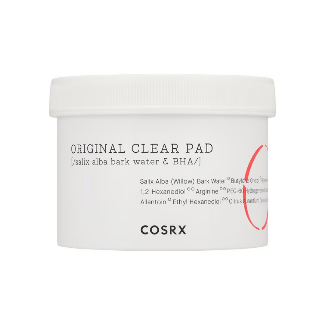 COSRX One Step Original Clear Pad 70pcs — round container with embossed cotton pads visible