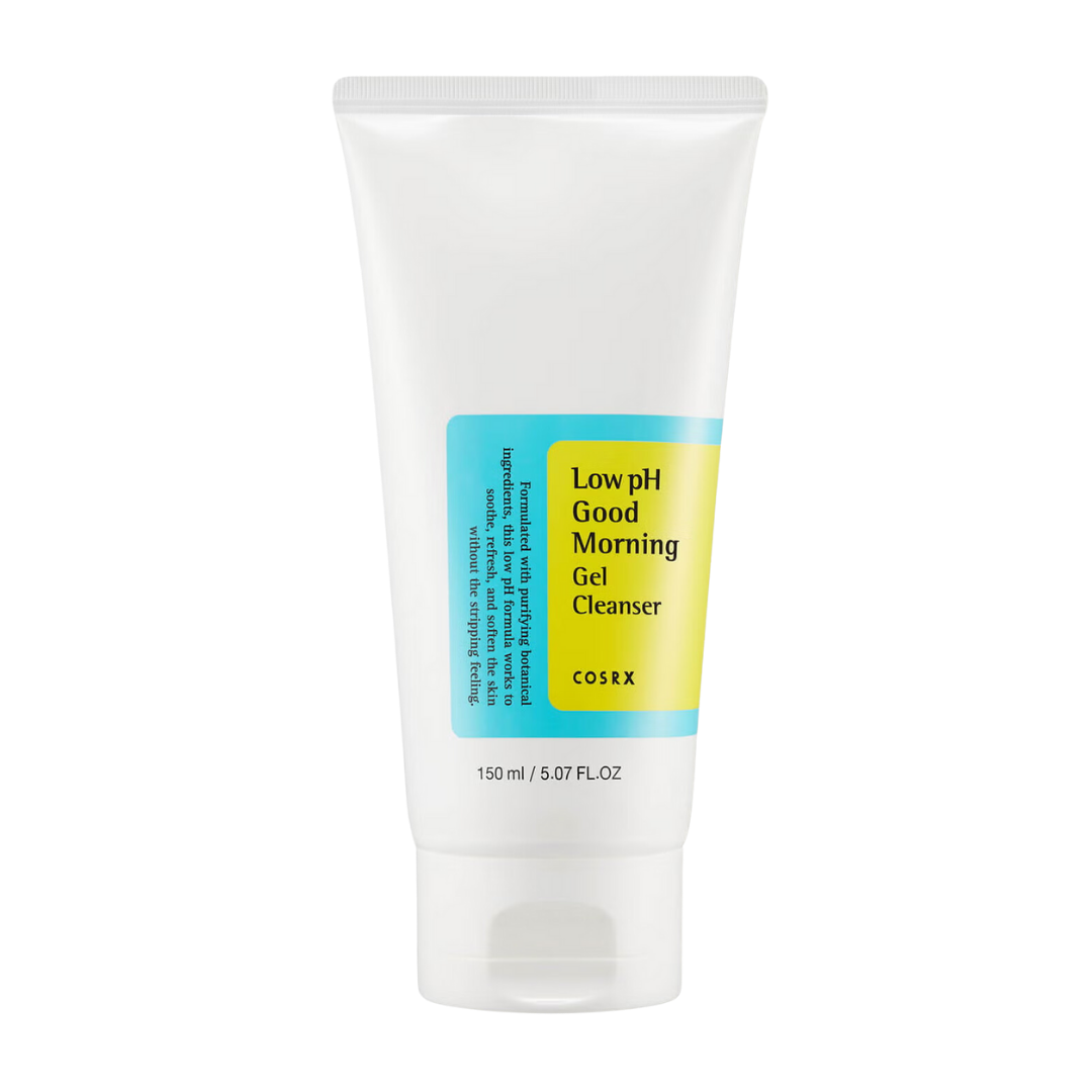 COSRX Low pH Good Morning Gel Cleanser 150ml — green-labeled tube on white surface