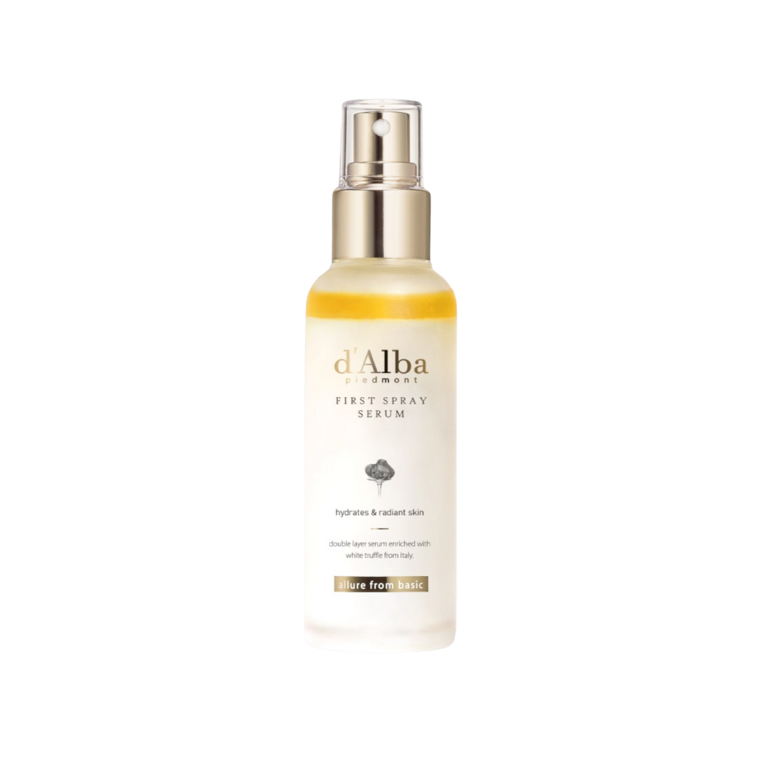 d'Alba First Spray Serum 100ml — two-layer glass spray bottle with white truffle branding on neutral background