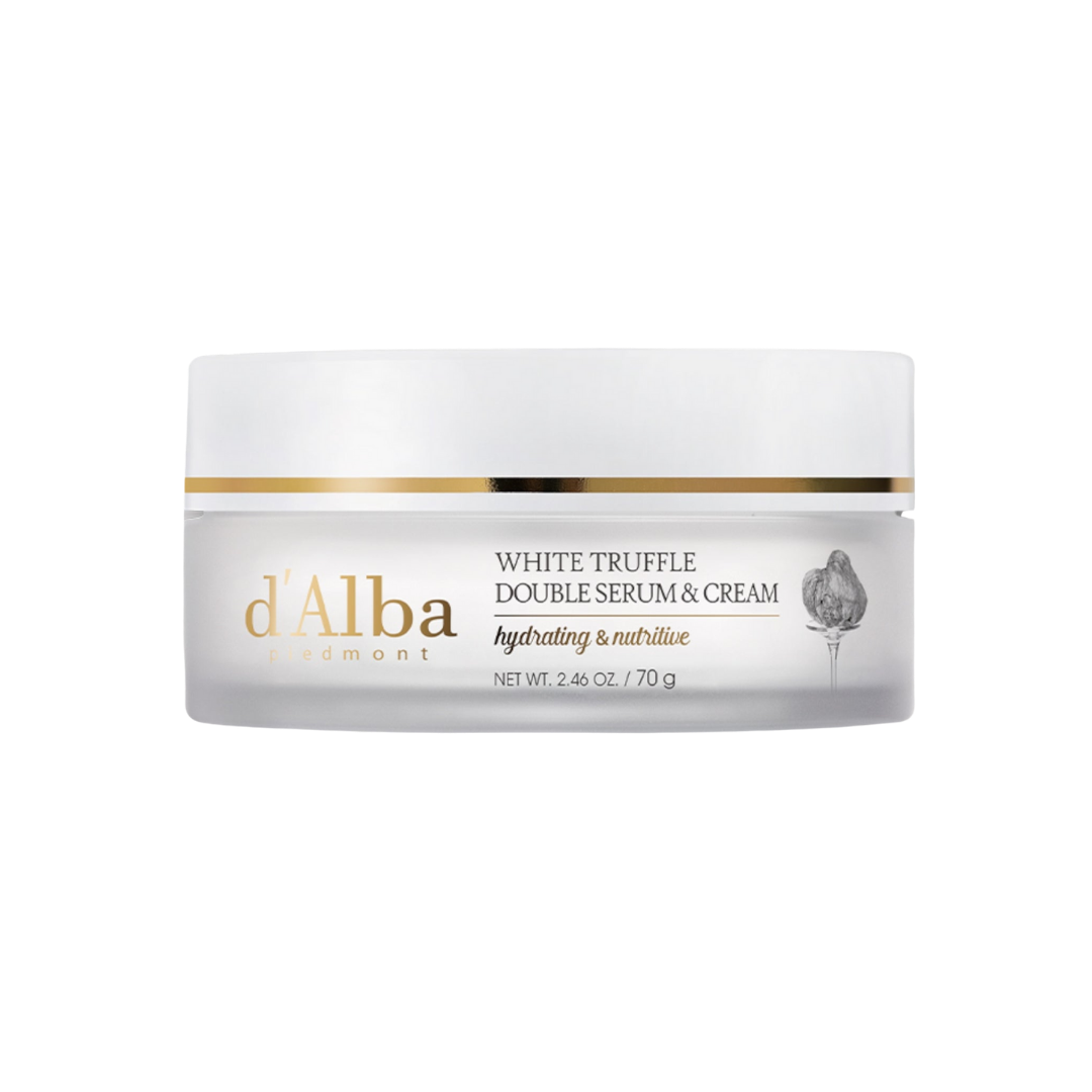 d'Alba White Truffle Double Serum & Cream 70g — jar with two-tone yellow and white formula