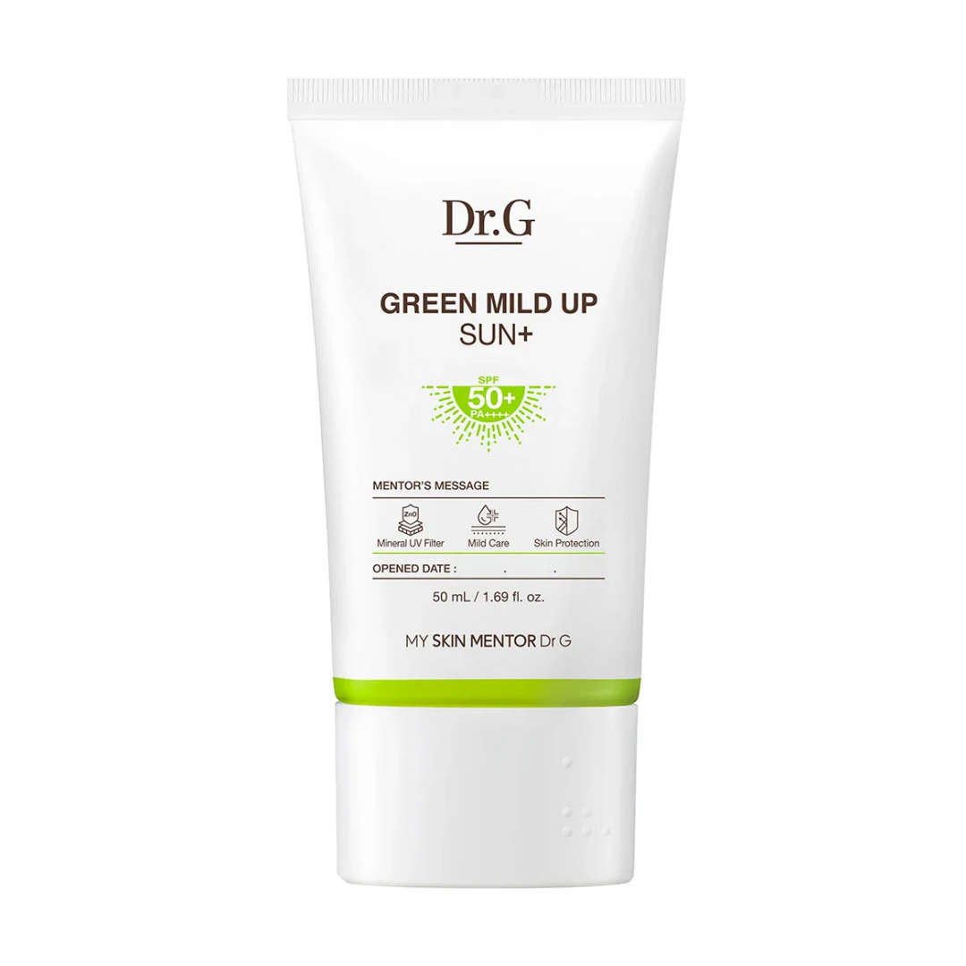 Dr.G Green Mild Up Sun SPF50+ PA++++ 50ml — green tube with mineral sunscreen label on white surface