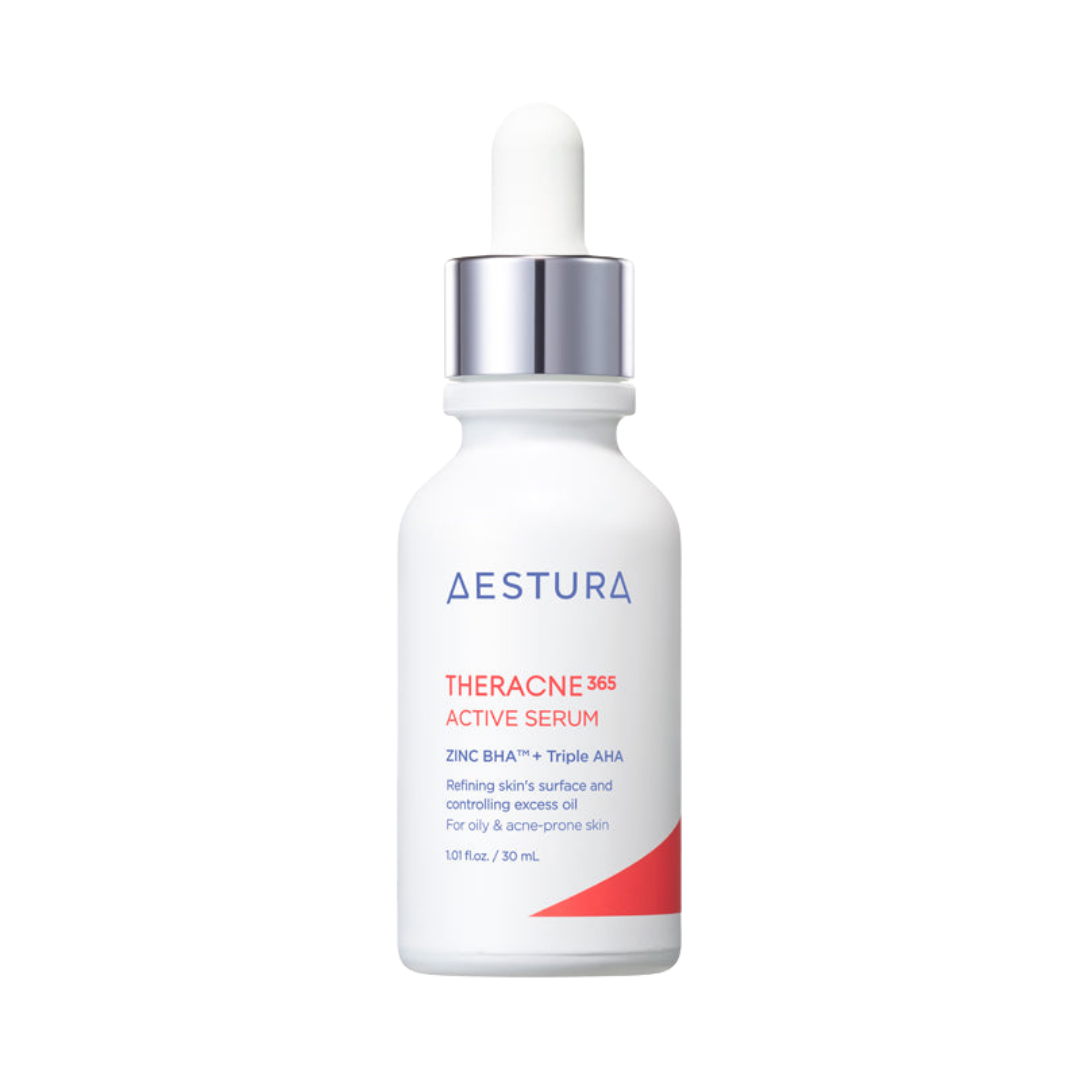 aestura Theracne365 Active Serum 30ml — slim dropper bottle with clinical white label on plain background