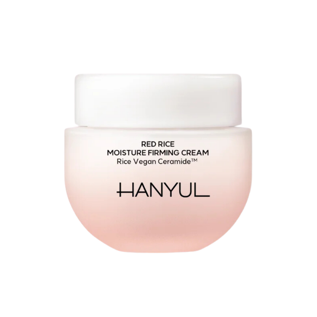 Hanyul Red Rice Vegan Ceramide Firming Cream 55ml — white glass jar with red rice motif, lid beside it