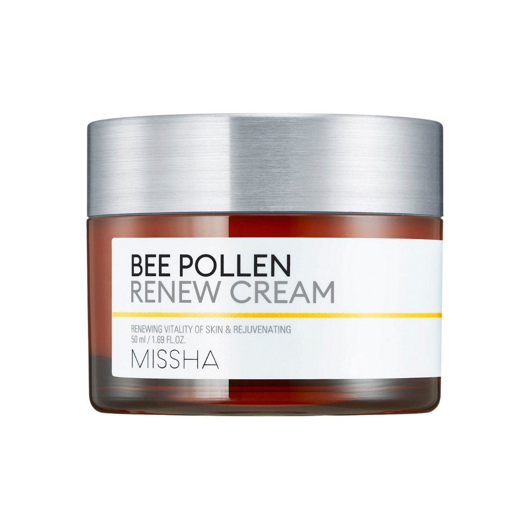 Missha Bee Pollen Renew Cream 50ml — round gold-lid jar with built-in spatula on white background