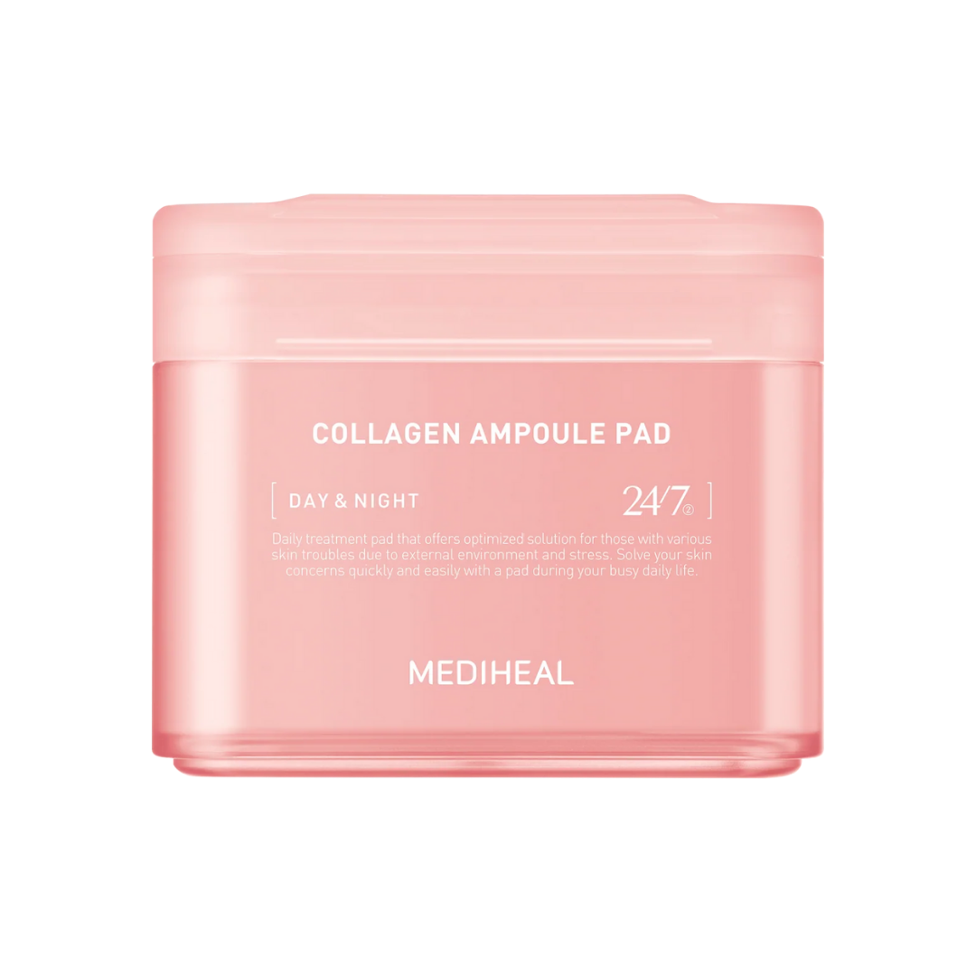 Mediheal Collagen Ampoule Pad 100ea — tub of round EcoSilk pads with collagen serum visible