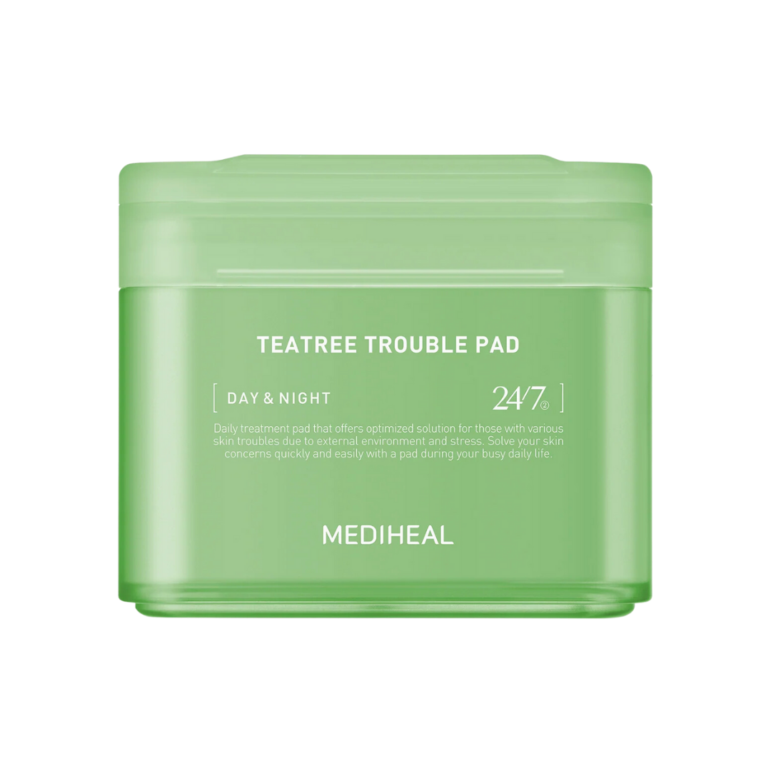 Mediheal Teatree Trouble Pad 100ea 170ml — tub of vegan gauze pads with green label and lid