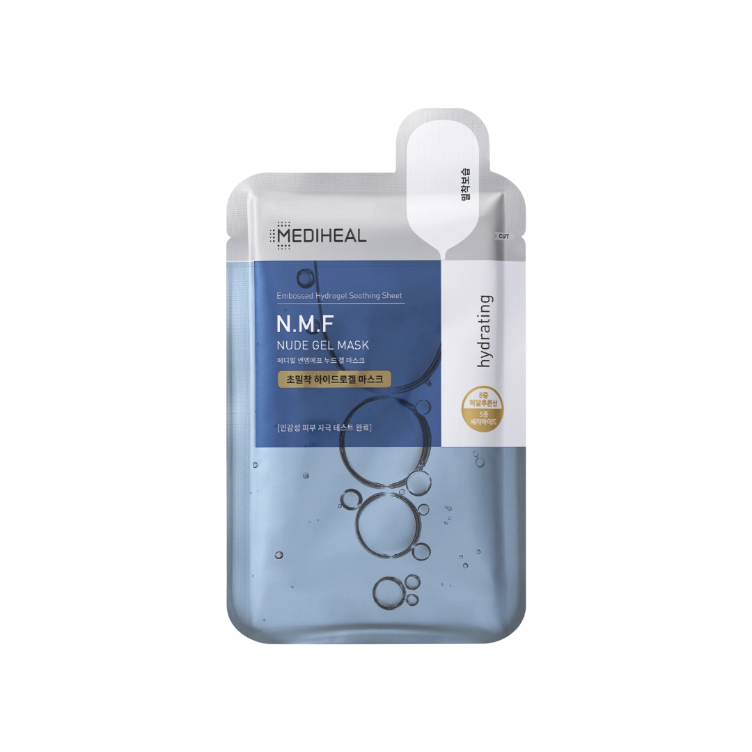 Mediheal N.M.F Nude Gel Mask 10ea — clear hydrogel sheet mask pack on white surface