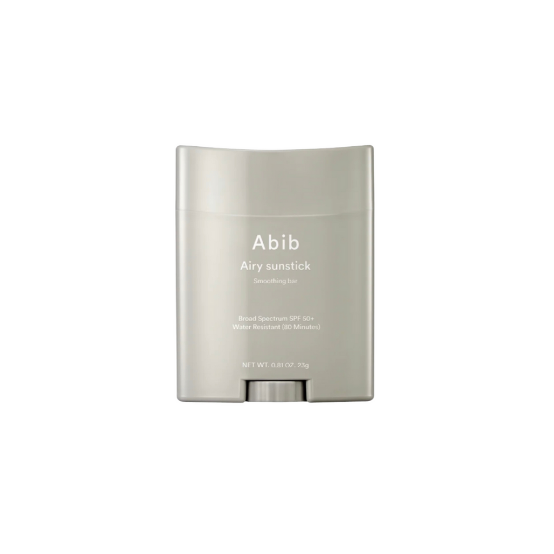Abib Airy Sunstick Smoothing Bar SPF50+ 23g — twist-up sun stick on pale background
