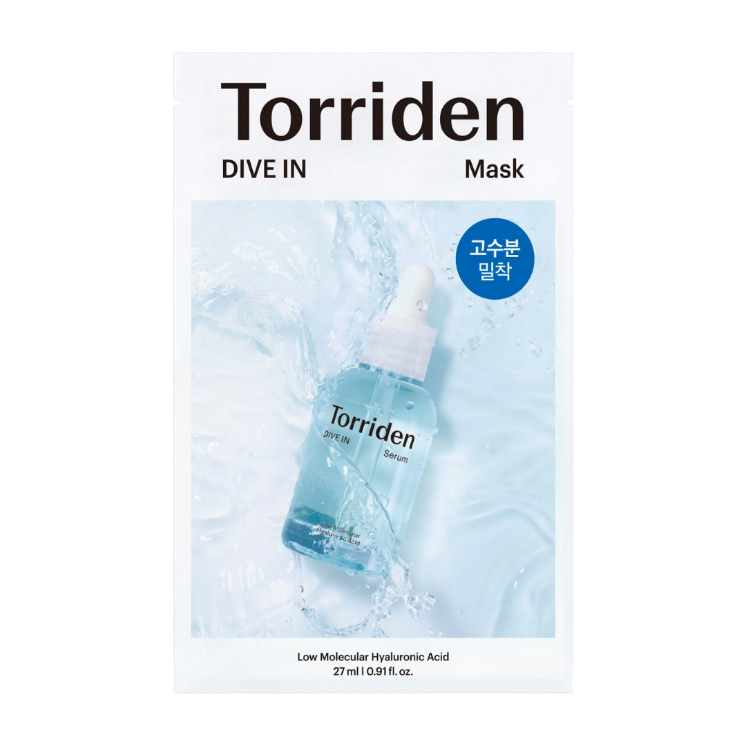 Torriden DIVE-IN Hyaluronic Acid Mask Sheet 10ea — individual sheet mask pouch with blue branding