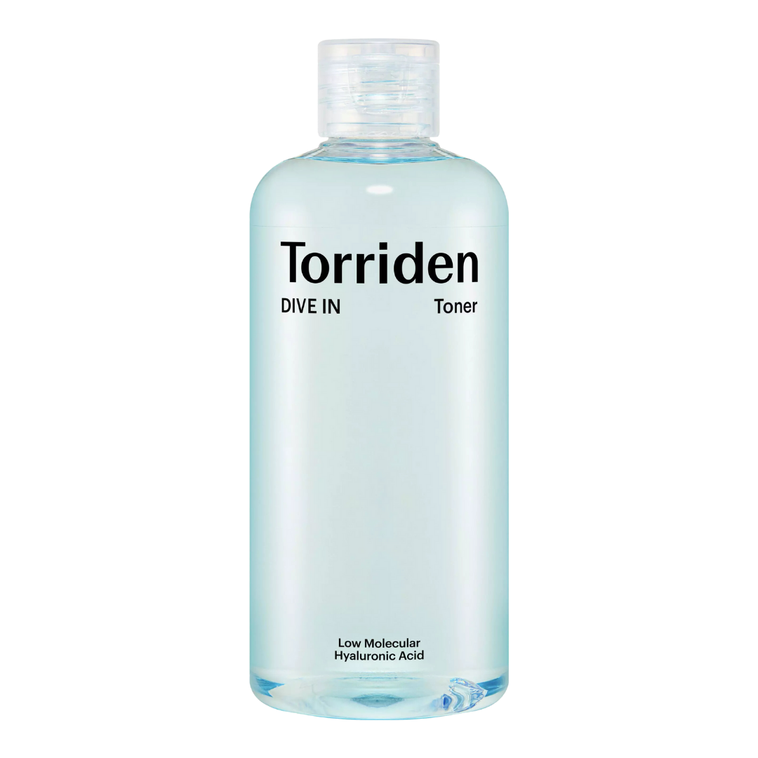 Torriden DIVE-IN Low Molecular Hyaluronic Acid Toner 300ml — clear bottle with pastel blue label on white surface