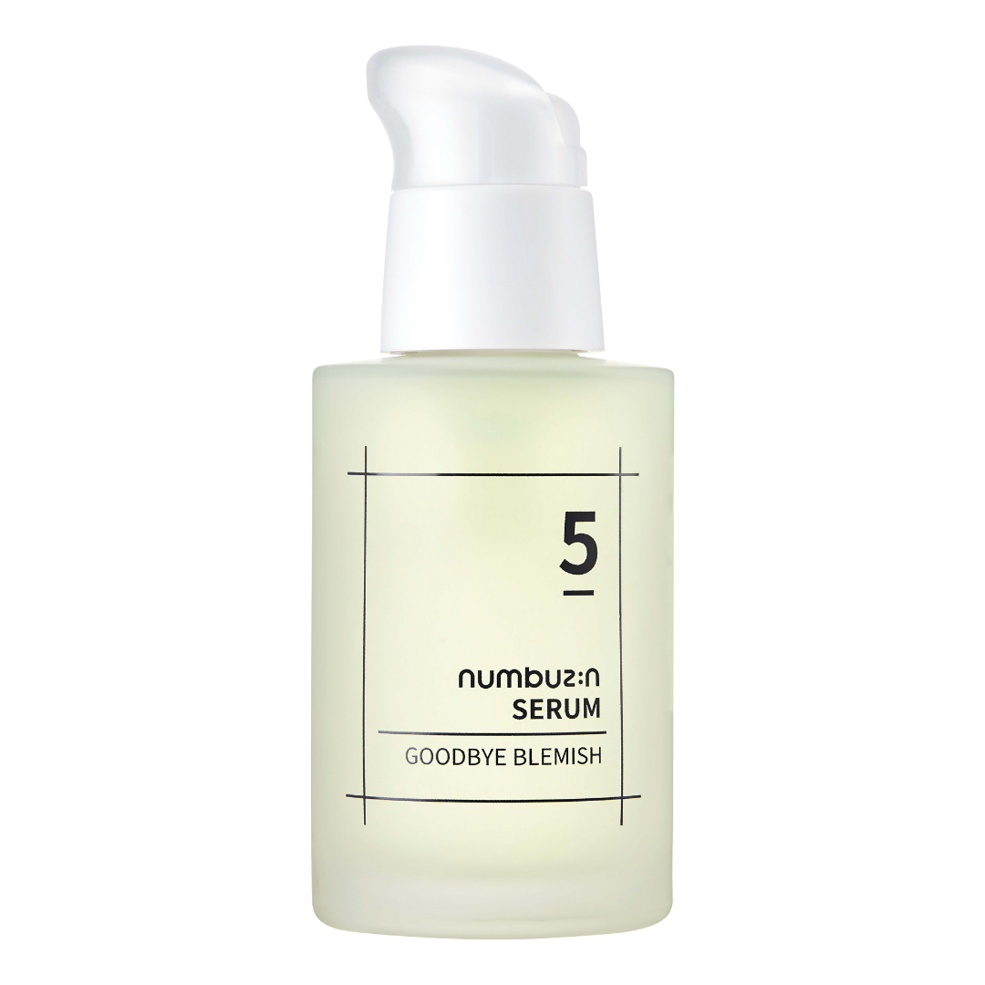 Numbuzin No.5 Goodbye Blemish Serum 50ml — pump bottle with vitamin-bright label on white surface