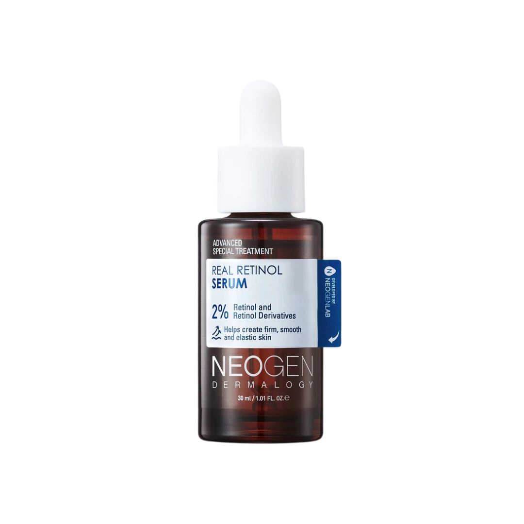 neogen Dermalogy Real Retinol Serum 30ml — peach-toned dropper bottle with retinol label