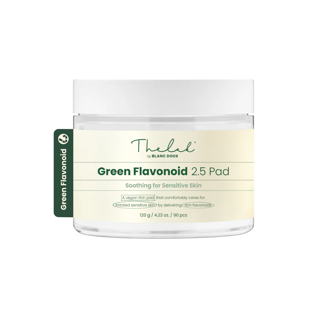 THE LAB by BLANC DOUX Green Flavonoid 2.5 Pad 90EA — green tub with white lid and stacked toner pads on white background