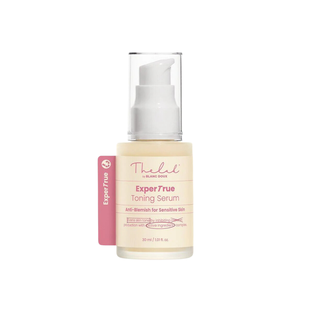 THE LAB by BLANC DOUX Expertrue Toning Serum 30ml — slim white bottle with pastel label and twist cap on white background