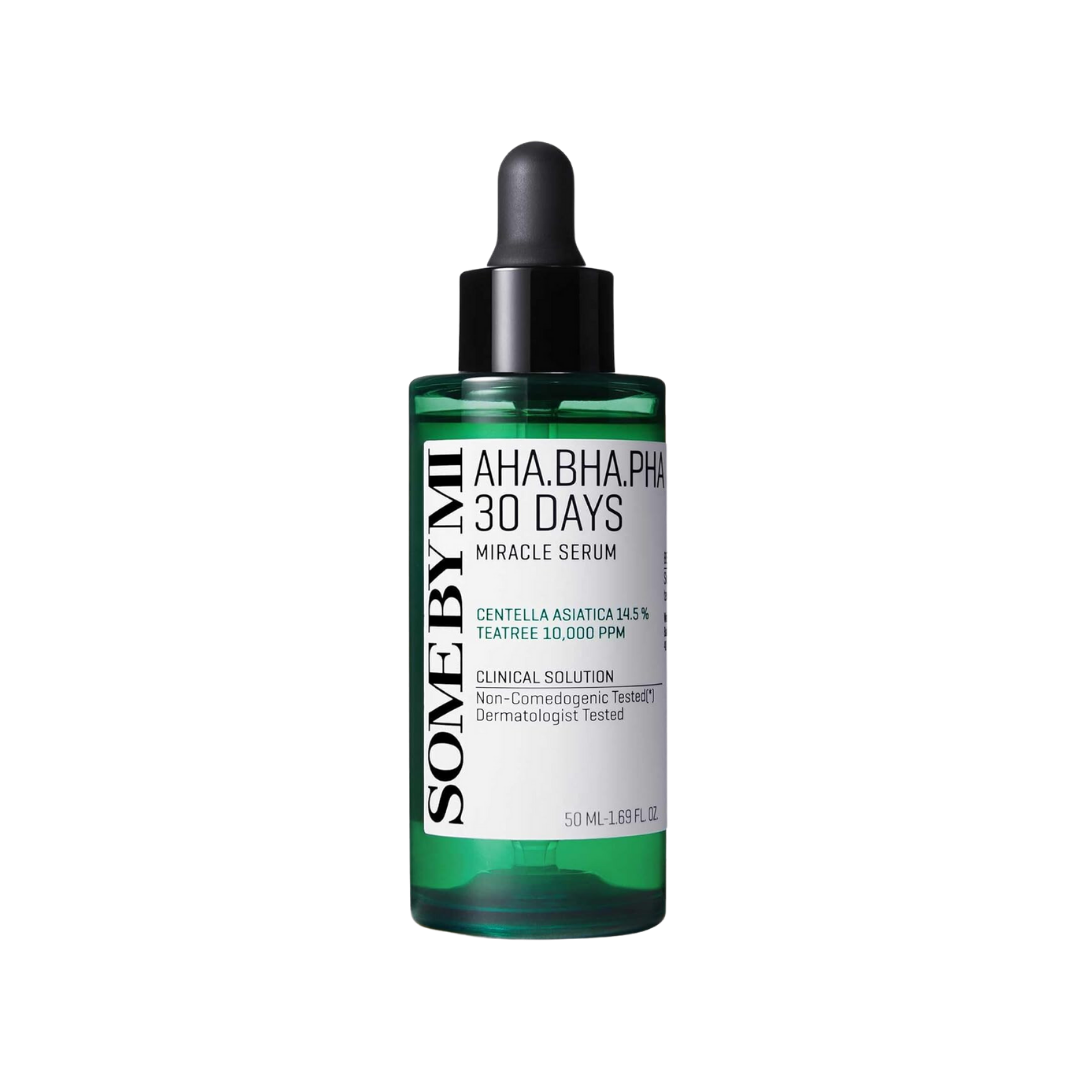 SomeByMi AHA+BHA 30 Days Serum 50ml — dropper bottle with clear serum on white background