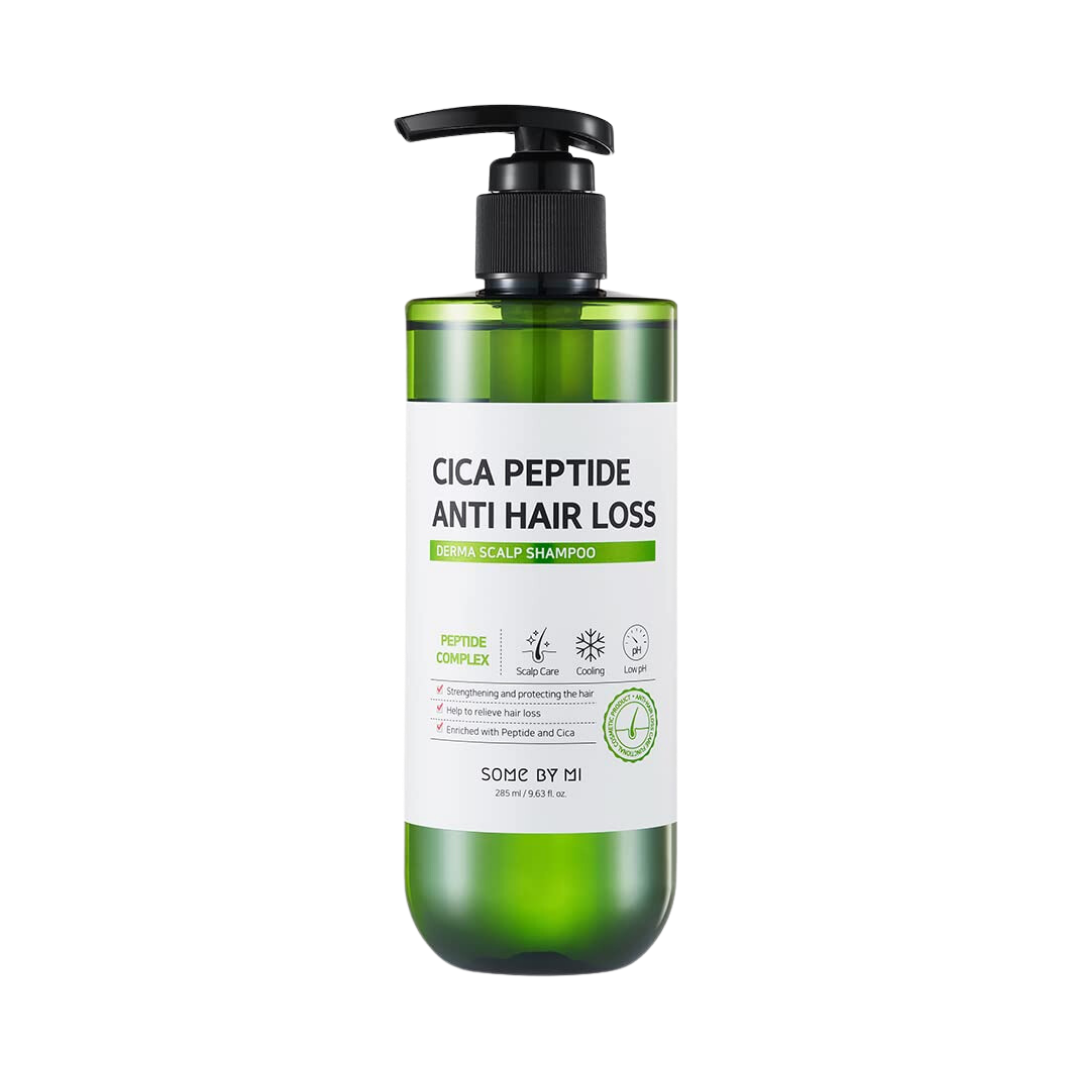 SomeByMi Cica Peptide Anti Hair Loss Derma Scalp Shampoo 285ml — dark bottle with pump dispenser on white background