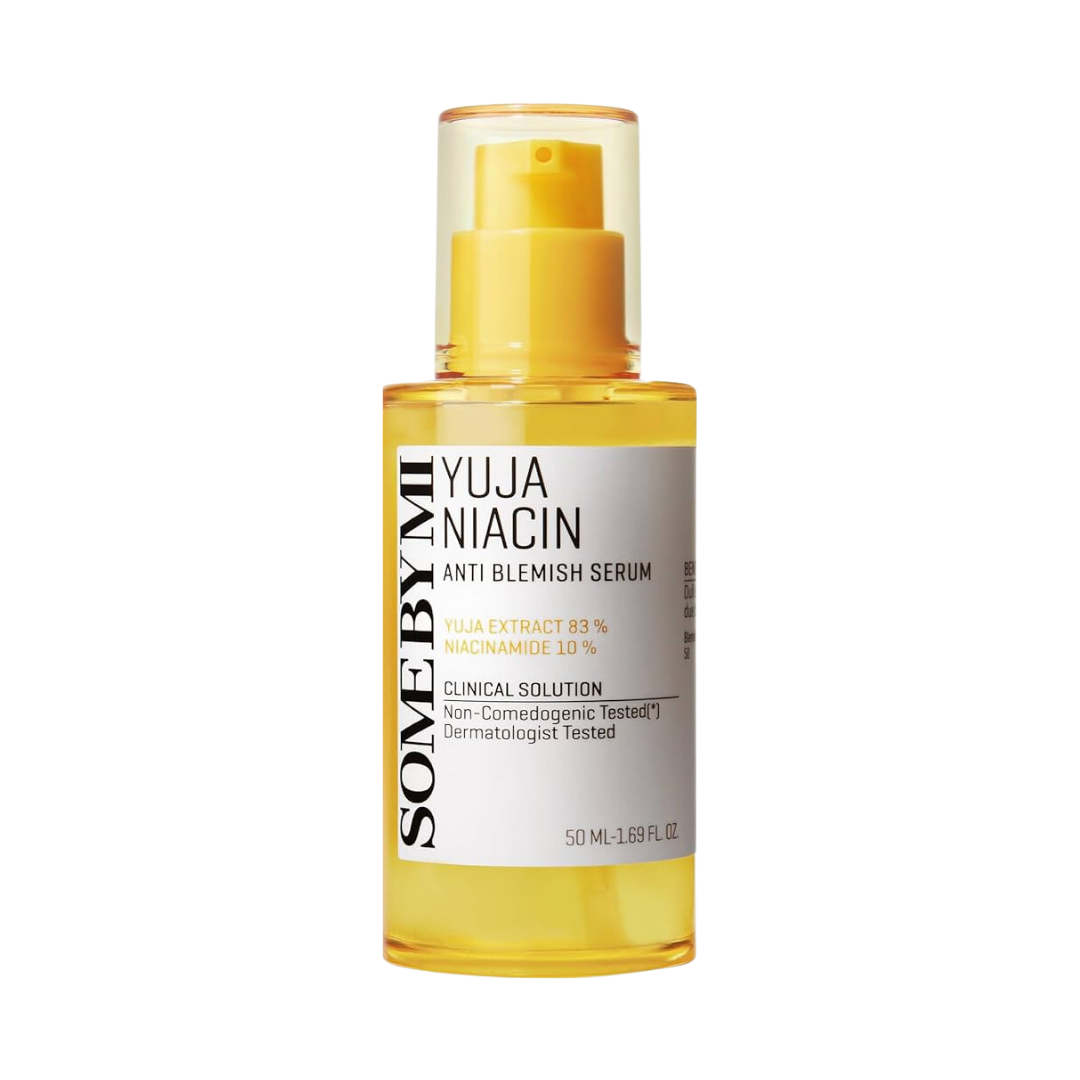 SomeByMi Yuja Niacin Anti Blemish Care Serum 50ml — yellow pump bottle with clear cap