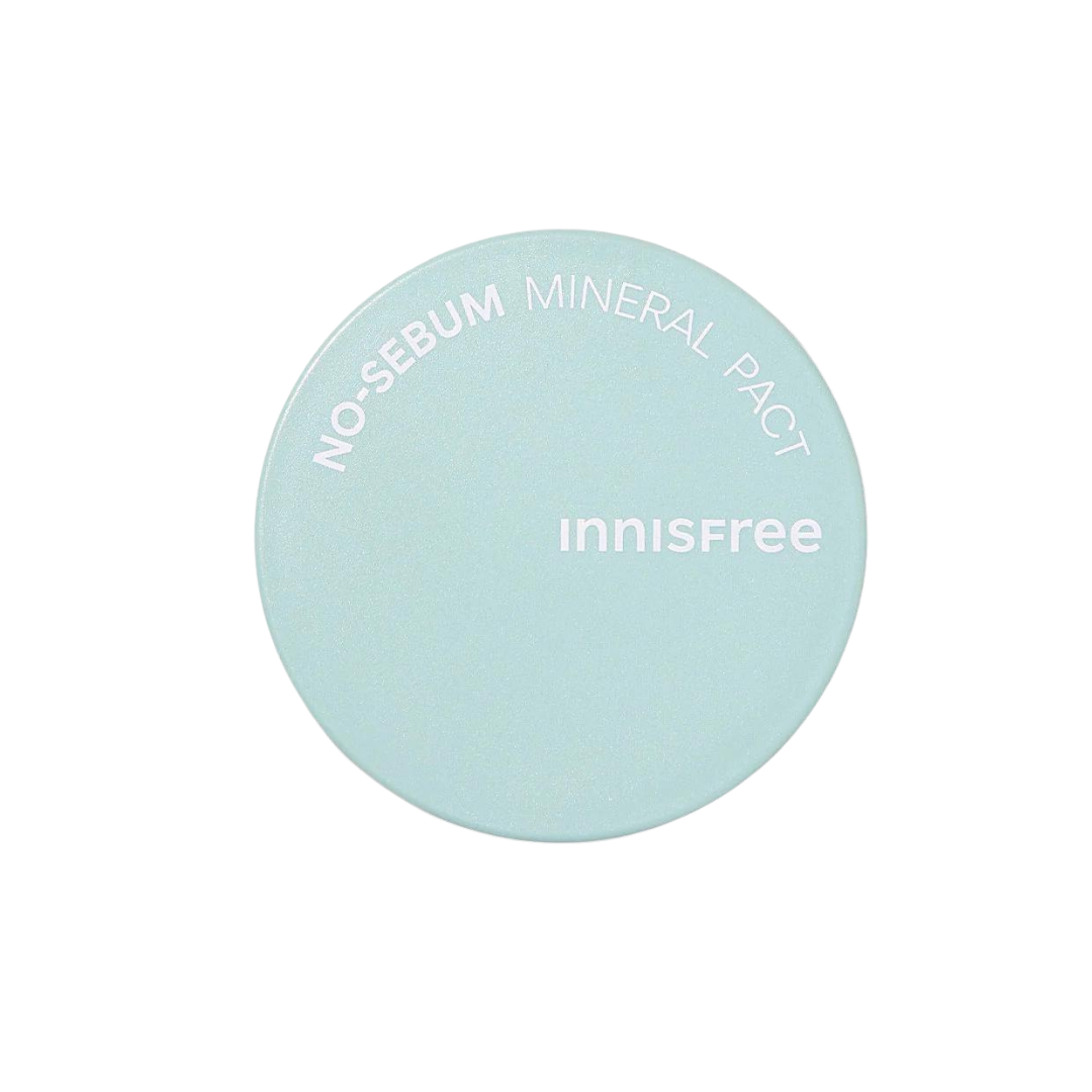 Innisfree No-Sebum Mineral Pact 8.5g — compact powder case with mirror and puff inside