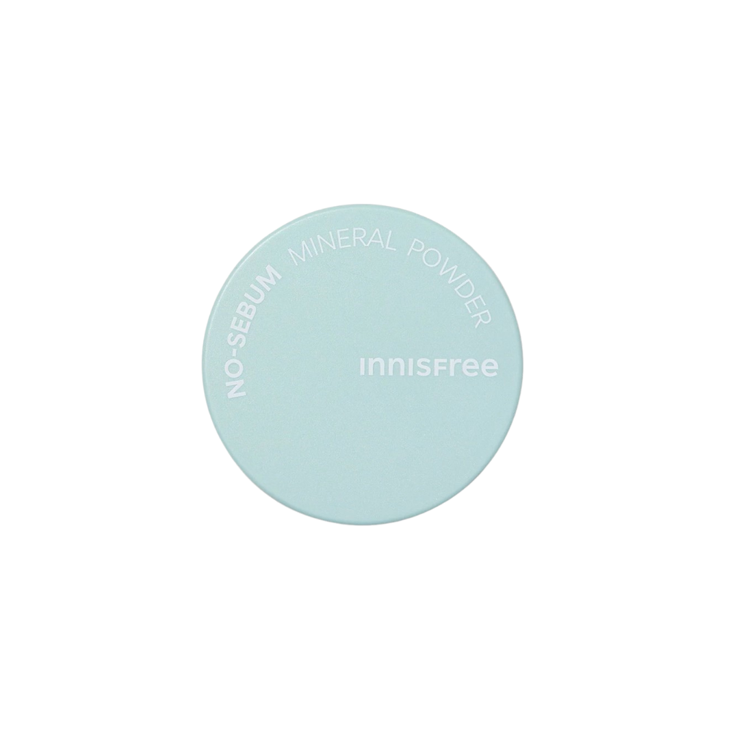 Innisfree No-Sebum Mineral Powder 5g — mint green round compact with puff on white background