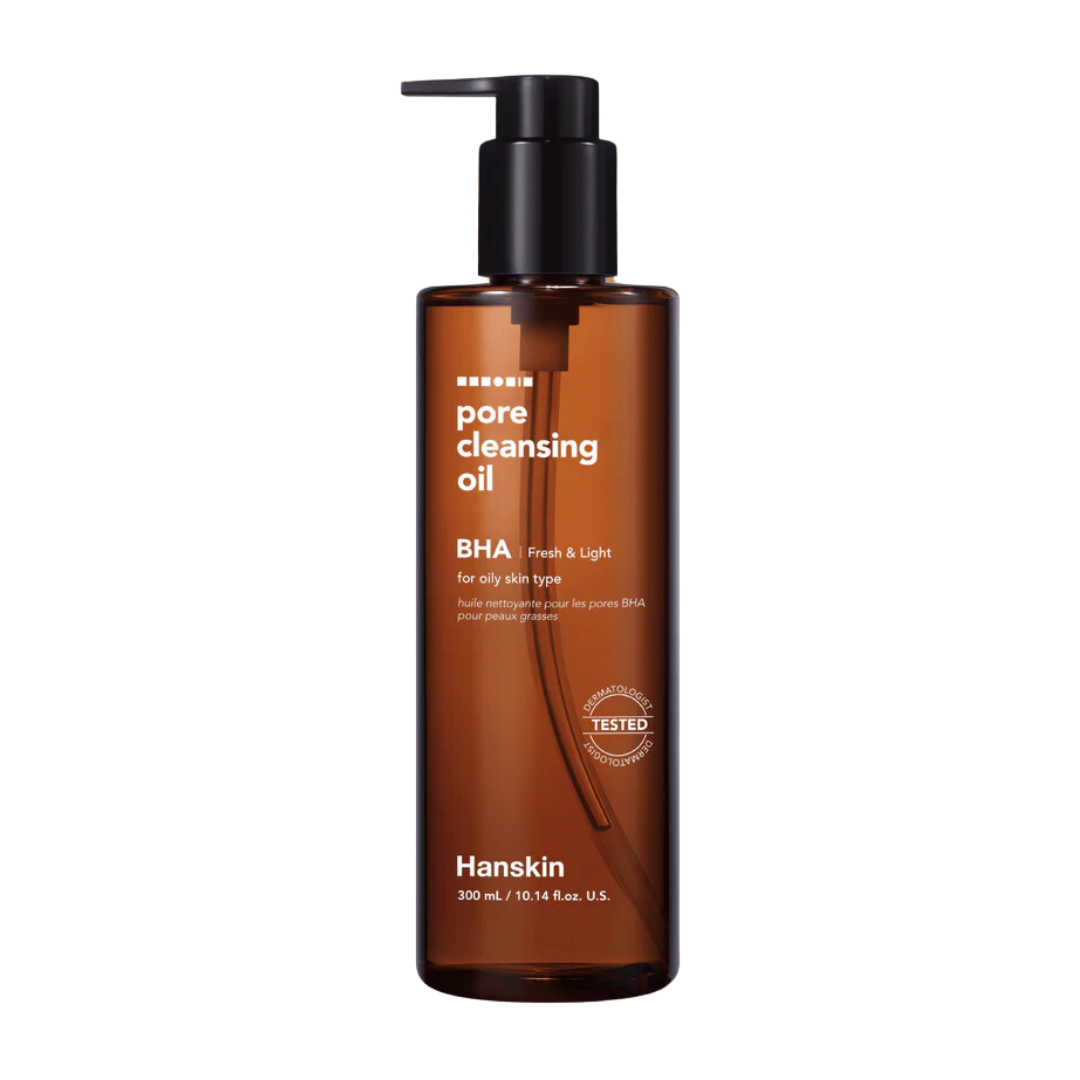 Hanskin BHA Pore Cleansing Oil 300ml — clear pump bottle with white cap and blue label, front view