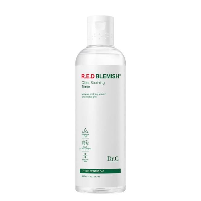 Dr.G Red Blemish Clear Soothing Toner 300ml — large red-accent bottle with pump dispenser on white background