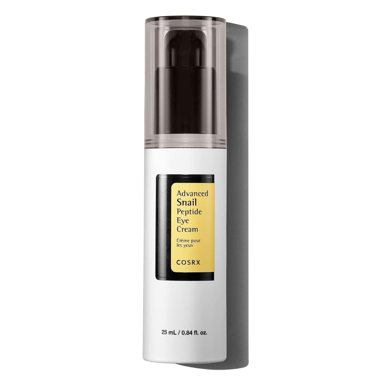 COSRX Advanced Snail Peptide Eye Cream 25ml — compact airless dispenser with cream swatch