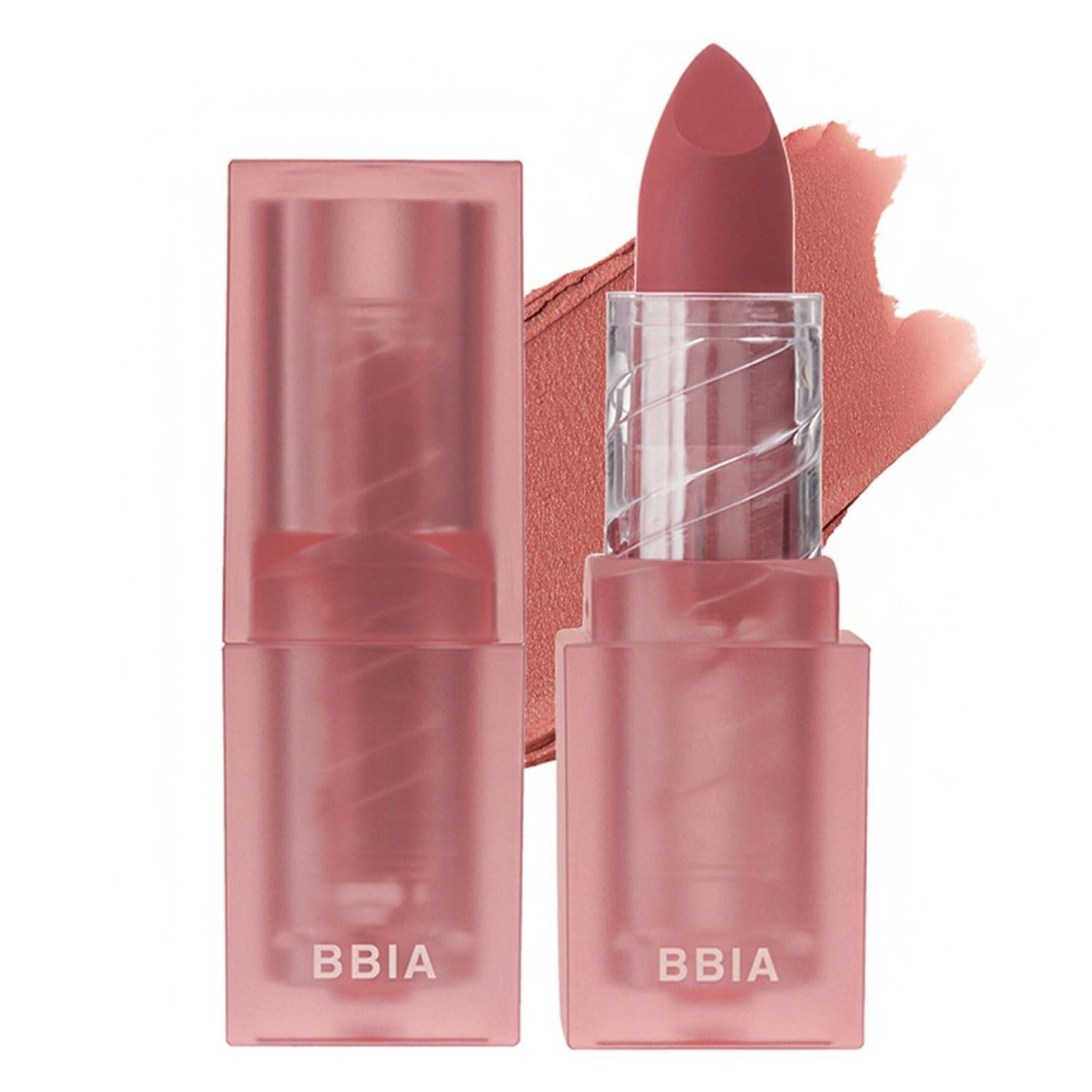 BBIA Last Powder Lipstick Tea Series — Hibiscus shade swatch on lips showing pigmentation