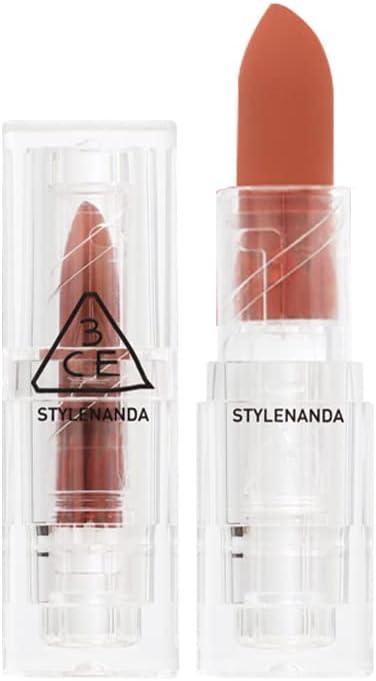 3CE Soft Matte Lipstick 3.5g — model wearing shade with close-up on lips