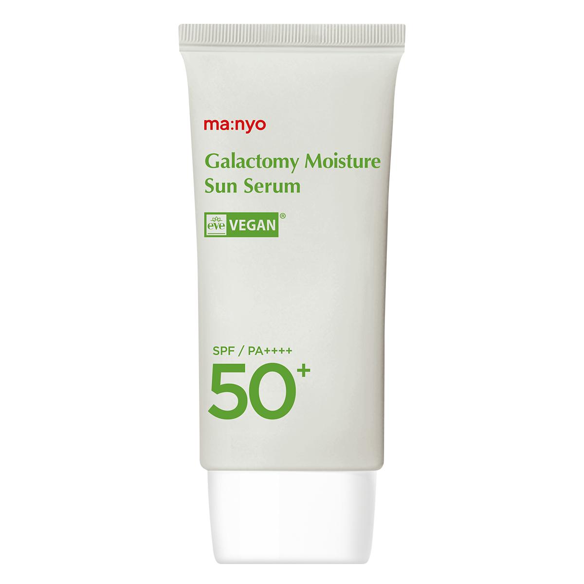 Ma:nyo Galactomy Moisture Sun Serum 50ml SPF50+ — peach tube with gold cap on white surface