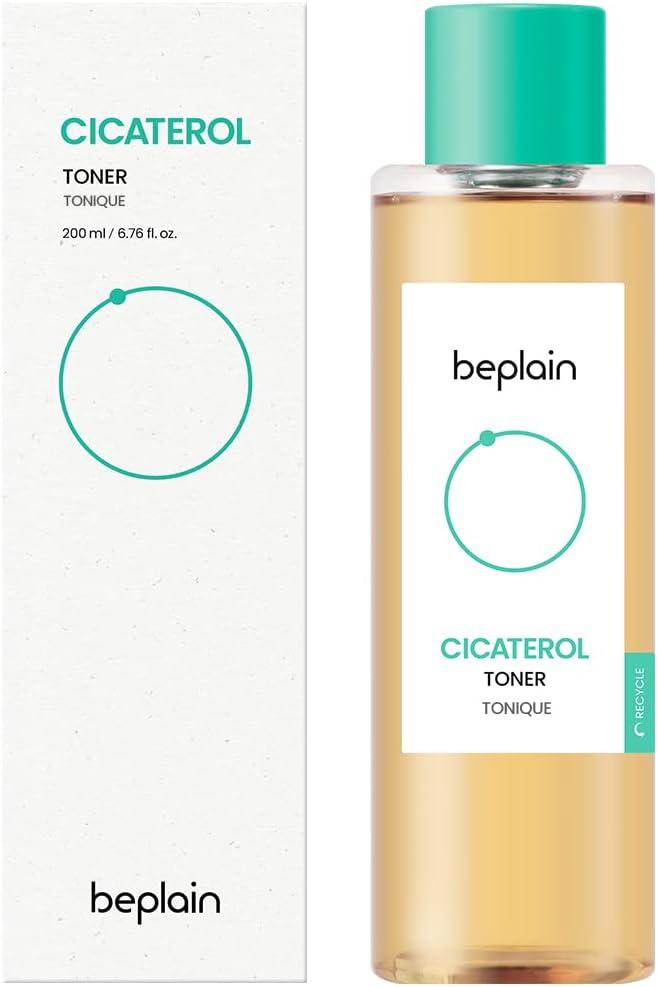 Beplain Cicaterol Toner 200ml — clear bottle with sage-green label and pump dispenser, front view