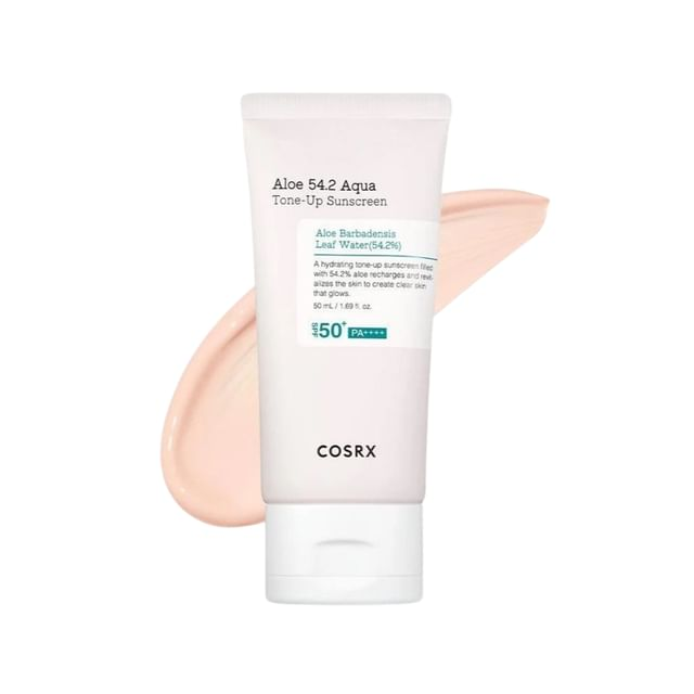 COSRX Aloe 54.2 Aqua Tone-up Sunscreen 50ml — white tube on clean surface with soft shadow