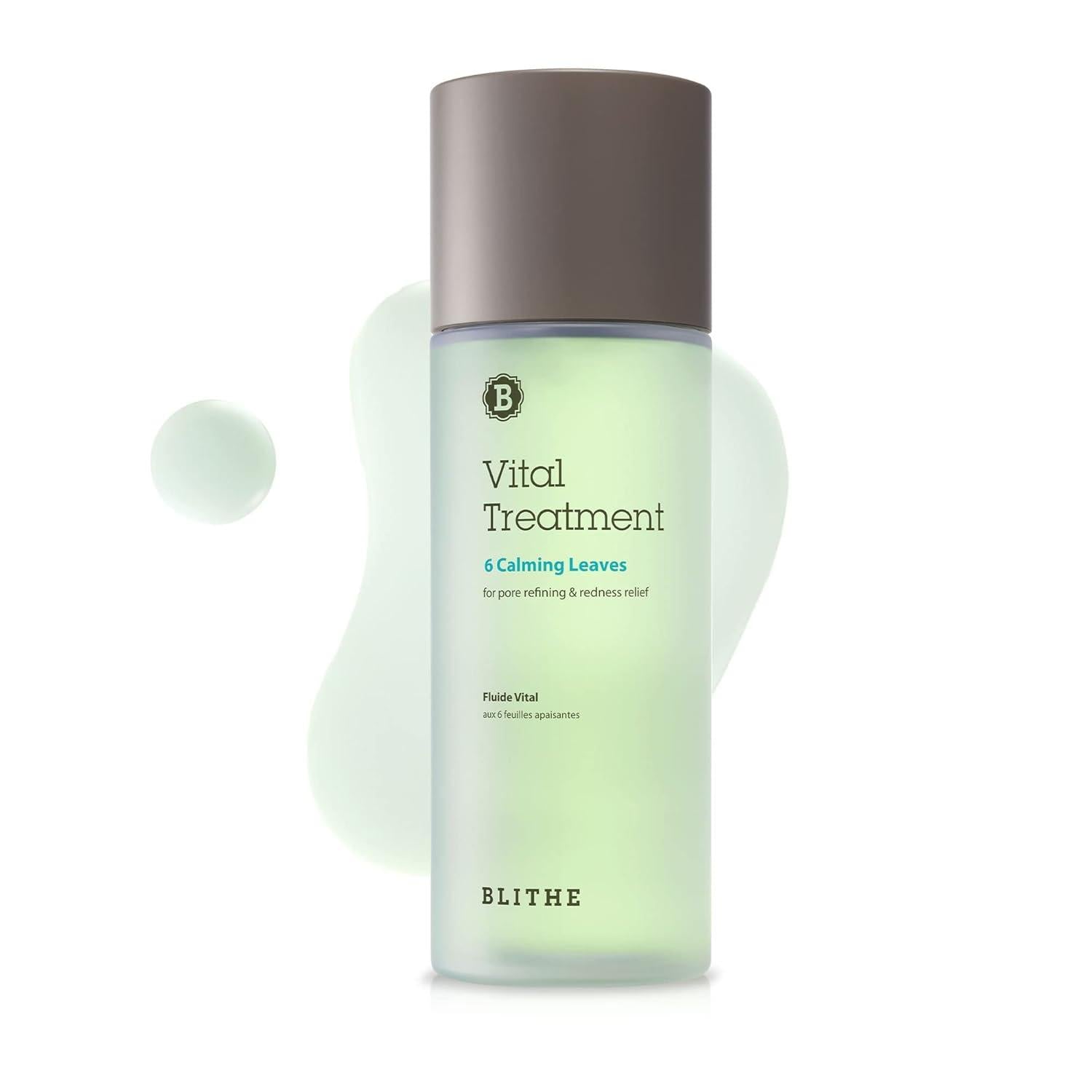 Blithe Vital Treatment 6 Calming Leaves 150ml — green-tinted bottle on soft leafy background