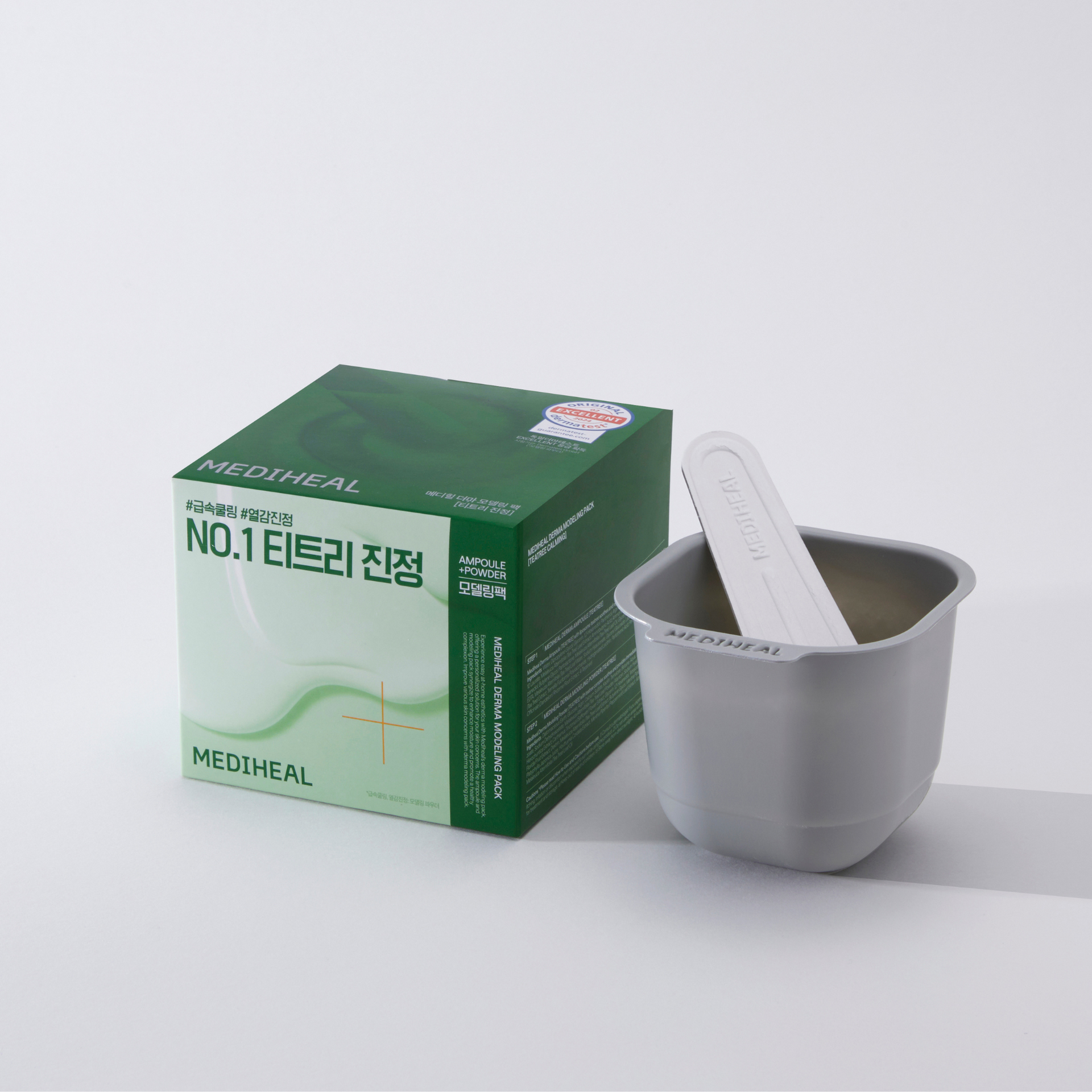 Mediheal Derma Modeling Pack Teatree Calming — mint-green ampoule and powder sachet with bowl