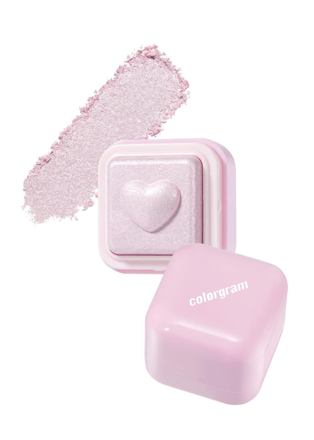 Colorgram Milk Bling Heartlighter 02 Pink Heart — heart compact open showing flushing pink shimmer pan
