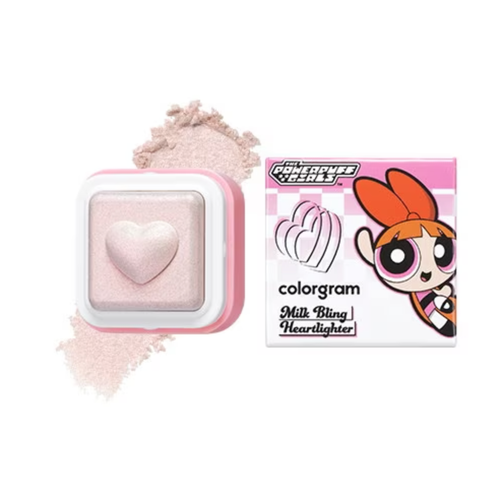 Colorgram Milk Bling Heartlighter 05 Spring Pink Blossom — heart compact with pink shimmer pan on white background