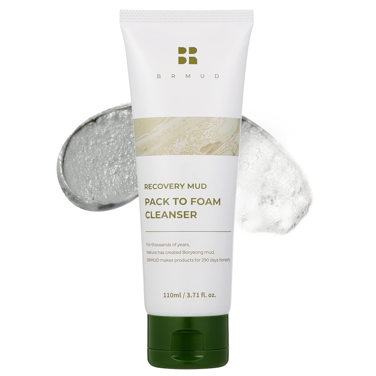 BRMUD Recovery Mud Pack to Foam Cleanser 110ml — dark tube standing upright on plain surface