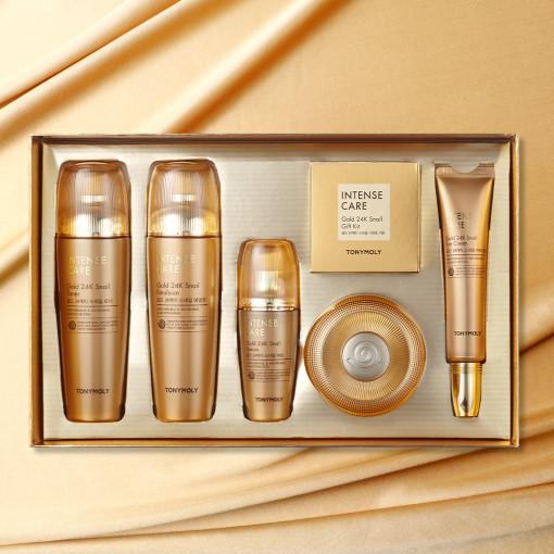 TONYMOLY Intense Care Gold 24K Snail Set of 3 — gold toner, emulsion, and cream trio on display