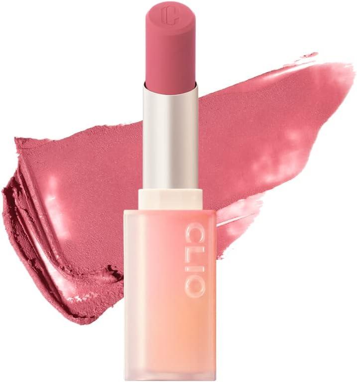 Clio Chiffon Mood Lip #09 Strawberry Cookie — bullet lipstick tube swatched showing warm strawberry-toned shade on arm