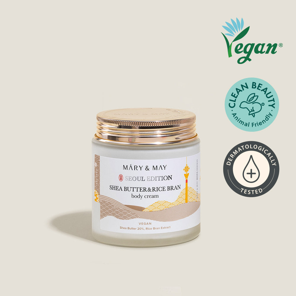 Mary&May Shea Butter & Rice Bran Body Cream 250ml — large white pump bottle on white background